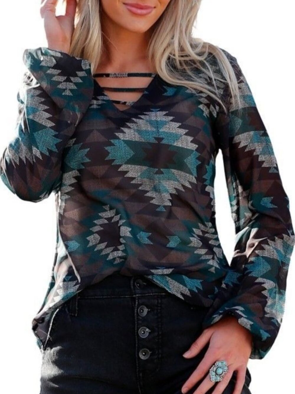 Cruel Denim Women's XL Long Sleeve Lattice Neck Detail Aztec Blouse Shirt Brown